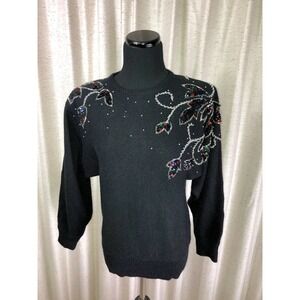 VTG Beaded Sweater Carducci Black Nylon Acrylic Sequins Beading Size S